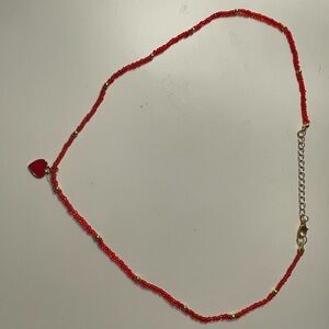 Red Beaded Necklace with Heart Charm